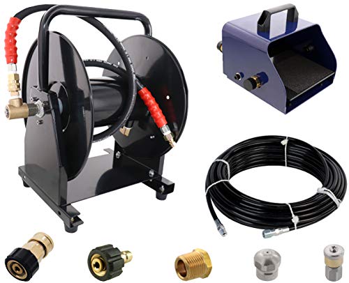 Scheiffer Sewer Jetting Kit - Foot Control Valve Hose Reel 1/8" x 100' Sewer Jetting Hose Button Nose and Rotating Nozzles