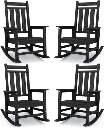 KINGYES Oversized Outdoor Rocking Chair Set of 4, HDPE Patio Rockers, Black