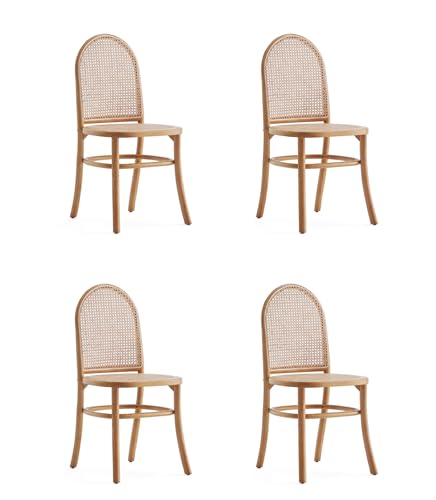 Manhattan Comfort Paragon Rattan Wicker Cane Side Outdoor Dining Chair for Dining Room, Patio, Restaurant, Bistro, Cafe and Pub in Nature and Cane - Set of 4