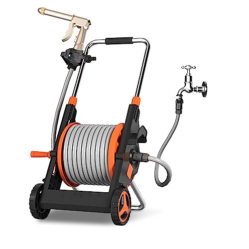 FYorbitH Garden Hose Holder Foldable Garden Hose Reel Cart, Mobile Garden Trolley with Wheels, with Hose Sprayer Nozzle and 50M/164Ft 1/2'' Hose, Fully Assembled Hose Reel Cart