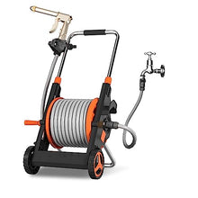 FYorbitH Garden Hose Holder Foldable Garden Hose Reel Cart, Mobile Garden Trolley with Wheels, with Hose Sprayer Nozzle and 50M/164Ft 1/2'' Hose, Fully Assembled Hose Reel Cart