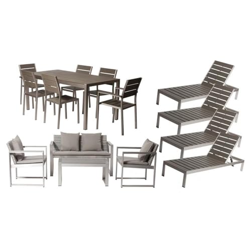 Pemberly Row 15-Piece Modern Aluminum Patio Sofa Set, Gray Finish, Durable Aluminum Frame, Polyresin Chairs/Table, Stackable Dining Chairs, Coffee Table, Loungers with Wheels for Outdoor Entertainment