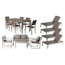 Pemberly Row 15-Piece Modern Aluminum Patio Sofa Set, Gray Finish, Durable Aluminum Frame, Polyresin Chairs/Table, Stackable Dining Chairs, Coffee Table, Loungers with Wheels for Outdoor Entertainment