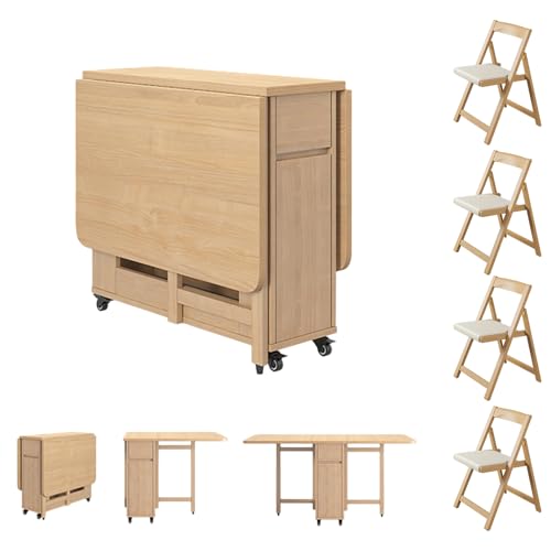 MATISUN Solid Wood Foldable Dining Table and Chair Set, Folding Dining Table with Chairs for Restaurant, Warehouse, Home, Kitchen, Garage (Wood,1.3m(4 Chairs))