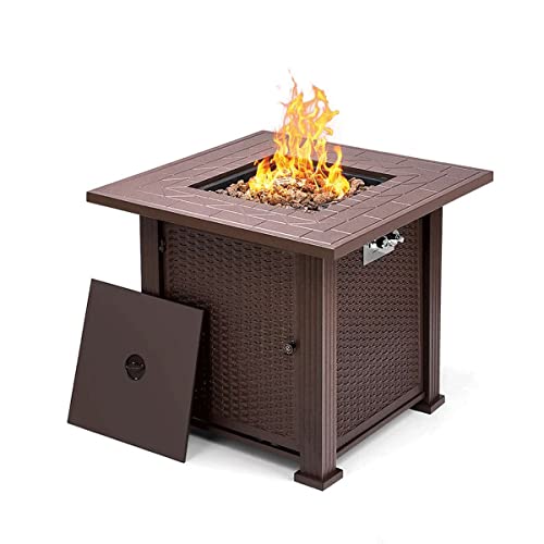 Outdoor Gas Fire Pit Table 28 inch 50,000 BTU Square Propane with Lid and Glass