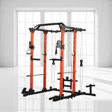 REDAEL Versatile Power Cage with LAT Pulldown, Weight Storage, and Optional Bench Orange+Black