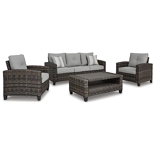 Benzara 4 Piece Outdoor Conversation Set Woven Resin Wicker Aluminum Frame Grey