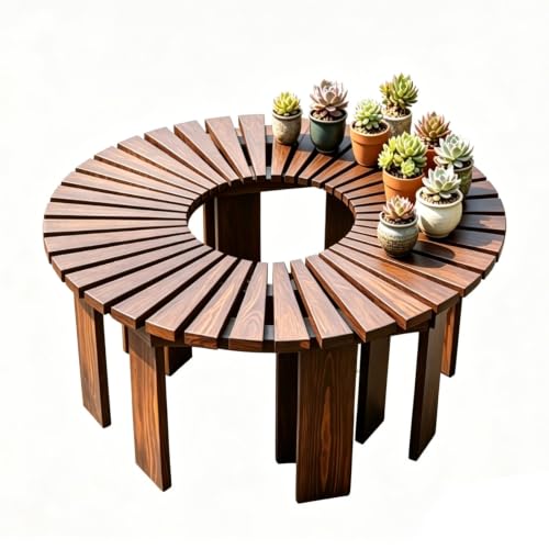 Renmlion Semi-Circular Tree Seat Wrap Around｜Outdoor Garden Slatted Bench Solid Wood Furniture Tree Bench｜All-Weather Plant Stand Rack Curved Patio Seating Chair
