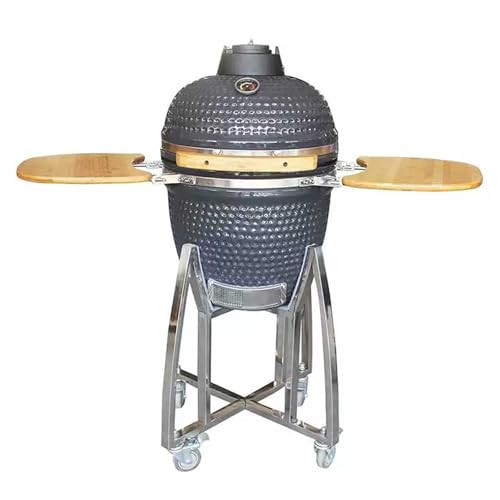 Ceramic Grill, Outdoor BBQ Smoker with Wooden Handle, Stainless Steel Grid Pan for Backyard Camping & Garden Party(H,18in)