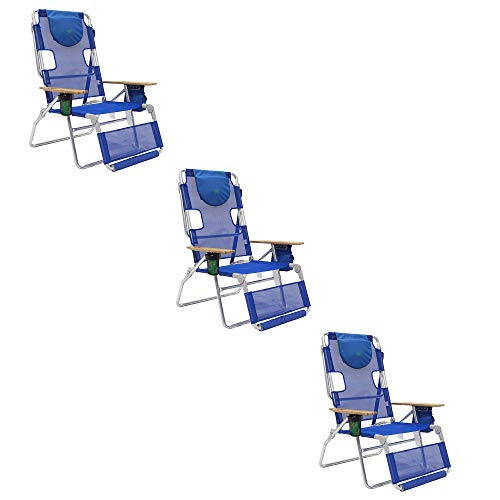Ostrich 3-N-1 Lightweight Comfortable Altitude Outdoor Lounge Reclining 16-Inch Tall Beach Chair, Blue (3 Pack)
