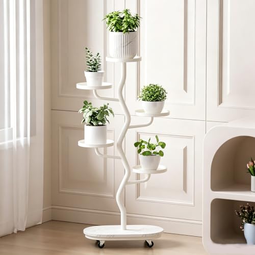 ARTUNV Tall 6 Tier Corner Plant Stand With Wheels, Sturdy Metal Flower Shelving Unit For Multiple Pots(Color:White)
