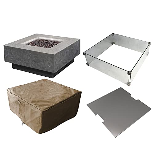 Elementi Manhattan 36" Concrete Outdoor Propane Firepit Table, 22" Square Tempered Glass Firepit Windscreen, & Stainless Steel 21" Square Table Cover