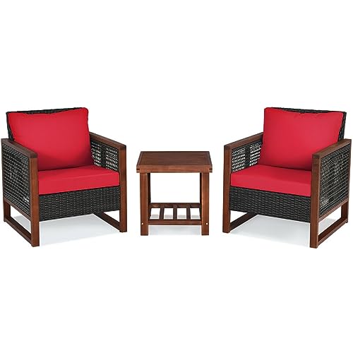YWMLFZ 3PCS Patio Wicker Furniture Set Cushion Sofa Square Table Shelf Red