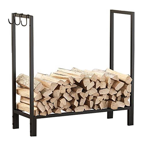 5JJJLOOOPP Metal Firewood Rack Holder with 3 Hooks Outdoor Indoor Black Large Log Storage Holder Farmhouse Camper Fireplace Rectangular Wood Rack