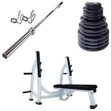 French Fitness Rubber Grip Weight Plate Set w/7 ft Olympic Bar 395 lbs + Bench