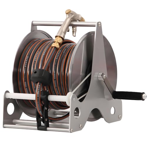 HuanEssentric Stainless Steel Retractable Water Hose Reel Set Rack-40mHose
