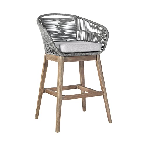 Armen Living Tutti Frutti Modern Indoor Outdoor Counter Chair Bar Stool in Light Eucalyptus Wood with Gray Rope, 30" Seat Height