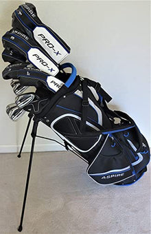 Power X Golf Mens Complete Golf Set - Custom Made Clubs for Tall Men 6'0"- 6'6" Ti Driver, 3 Wood, 3, 4, 5 Hybrids, Irons, Sand Wedge Putter, Stand Bag Regular Flex Blue/Black/White