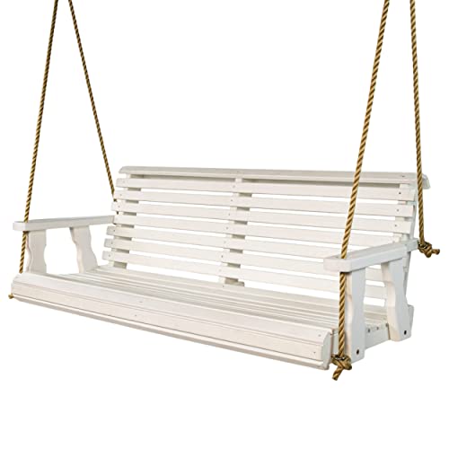 Amish Casual Heavy Duty 700 Lb Capacity Porch Swing (4 Foot, Semi-Solid White Stain) – Wooden Outdoor Roll Back Swing with Hanging Ropes – Amish Made in the USA