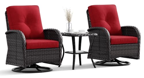 Joyside Patio Swivel Rocker Wicker Chairs - Outdoor Swivel Rocking Chairs Set of 2 with Wicker Side Table, Patio Swivel Rocker Chair 3 Piece Patio Furniture Sets for Porch Deck(Brown/Red)