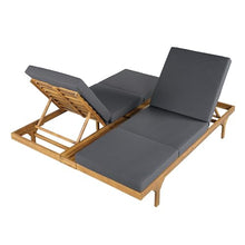Merax 2-Person Outdoor Chaise Lounge Set with 3-Fold 4" Cushions, Acacia Wood Patio 5-Position Adjustable Reclining Sun Lounger, Convertible Double & Single Pool Lounge Chairs, Teak + Dark Grey