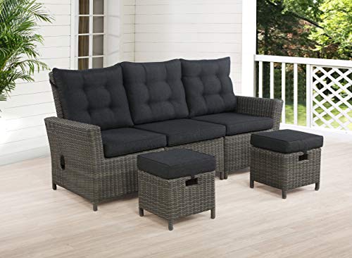 Asti All-Weather Wicker Three-Seat Reclining Sofa with Dark Gray Cushions - Outdoor Patio Furniture, 75 in. W x 30 in. x 37 in. H, Gray Resin Wicker, Aluminum Frame, Weather-Resistant