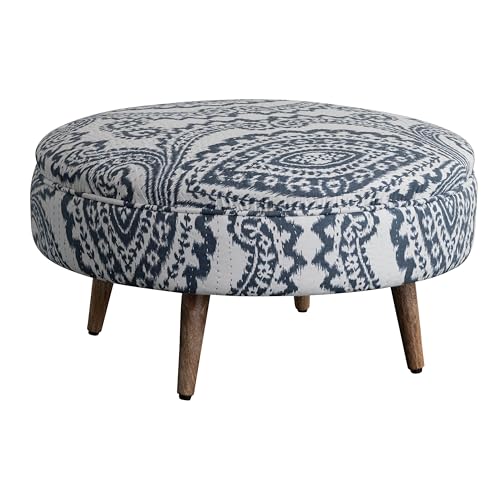 Creative Co-Op Cotton Voile Upholstered Round Stool with Paisley Pattern, Hand-Embroidered Kantha Stitch and Mango Wood Legs, Blue, Cream and Natural