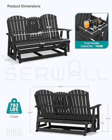 SERWALL 3 Seat Porch Glider Bench with Cup Holdersi and Pad Placement,Black