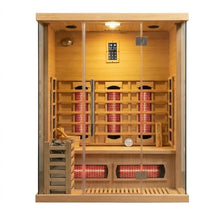 amocane Infrared & Steam Hybrid Sauna Room, 2-3 Person Canadian Hemlock Wood Sauna, Indoor Traditional Home Saunas Spa with 8 Heaters & 4.5KW Sauna Stove, Oxygen Bar (70.87"x47.28"x74.86")