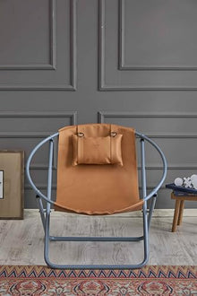 Mern Living Leather Folding Chair - Luxury Papasan Chair, Sling Accent Chair, Round Saucer Chair for Patio, Garden, Beach, Living Rooms and Bedrooms, Modern Furniture (Faux Leather, Orange)