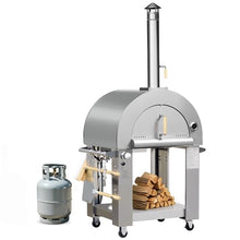 KOSTCH 32.5" Outdoor Duel Fuel Pizza Oven, 304 Stainless Steel Wood Fired & Propane Gas Pizza Oven with Temperature Gauge, Portable Pizza Oven on Wheels for Outside, Camping, Party (Silver)