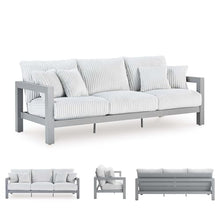 Signature Design by Ashley Moonlight View Contemporary Outdoor Nuvella Weather Resistant Fabric Sofa with Cushion and 4 Throw Pillows, White & Light Gray