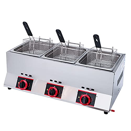 Multi-Function Gas Fryer, Professional Stainless Steel Lpg Gas Fryer, 33L Large Capacity Fryer with Three Tanks, Adjustable Firepower, Home and Commercial, Easy to Clean,Multicolourlpg