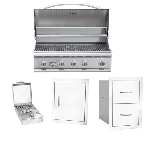 Bullet by Bull Stainless Steel Outdoor Kitchen Grill Set - Built-In Liquid Propane -BBQ Kitchen Island Bundle - Includes 5 Burner Grill, Side Burner, Single Access Door & Double Storage Drawer