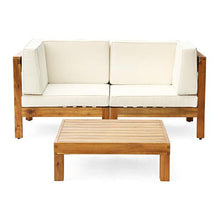 Great Deal Furniture Outdoor Sectional Loveseat Set with Coffee Table 2-Seater Acacia Wood Water-Resistant Cushions Teak Finish + Beige