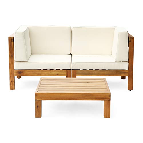 Great Deal Furniture Outdoor Sectional Loveseat Set with Coffee Table 2-Seater Acacia Wood Water-Resistant Cushions Teak Finish + Beige