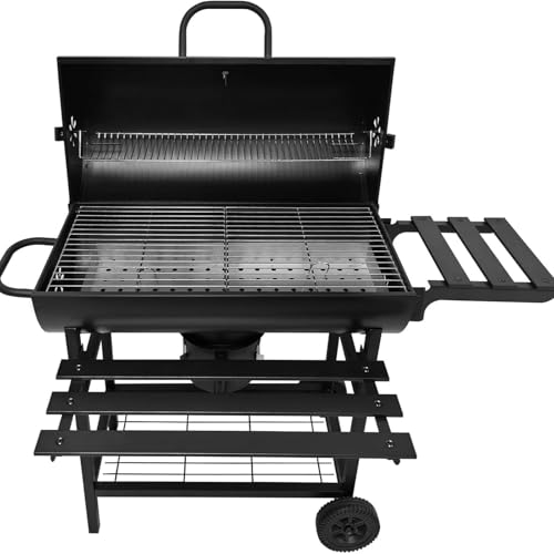 TBLOTYD Outdoor Barrel Smoker BBQ Grill - 4 Air Vents Metal Patio Grill with Mesh Bottom Shelf Upper & Side Shelves for Grilling Tools Perfect for Backyard Barbecues