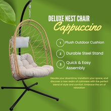 Deluxe Nest Chair with Steel Stand & GeoBella Plush Outdoor Cushion Accomodates 250lbs - Cappuccino