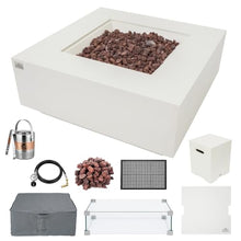 AMS 40" Square Concrete GFRC Propane Gas Fire Pit Table Bundle, Cream White