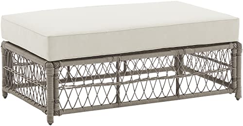 Crosley Furniture Thatcher Wicker Coffee Table and Ottoman Foot Rest for Porch, Deck, Backyard, Driftwood with Creme Cushions