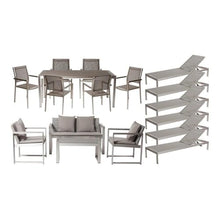 Pemberly Row 17-Piece Aluminum Patio Sofa Set, Gray Finish, Includes Dining Table, Umbrella Hole, Stackable Chairs, Loungers, Coffee Table, Rattan Sofa, Durable Modern Outdoor Furniture for Patio Use