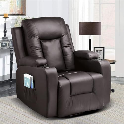 Brown PU Leather Recliner Chair with Heated Massage, Modern 360 Degree Swivel Rocker Seat, Ergonomic Lounge Single Sofa with Cup Holders for Living Room Home Theater