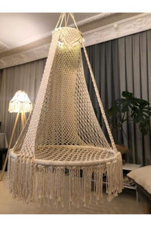Large Macrame Hammock Swing Chair, Handmade Cotton Rope, 39.4 in Seat, 330.8 lb Capacity, Modern Style, Includes Ceiling Mounts - Ecru