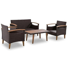 YWMLFZ 4-Piece Garden Furniture, Patio Seating Set, PE Rattan Outdoor Sofa, Wood Table and Legs