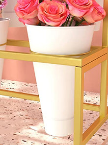ZOCWJK 4 Tier Gold Plant Stand with 16 Flower Buckets Mobile Metal Plant Display Shelf with 4 Wheels Flower Pot Holder for Weddings and Gardens,4 Layerswith White Bucket