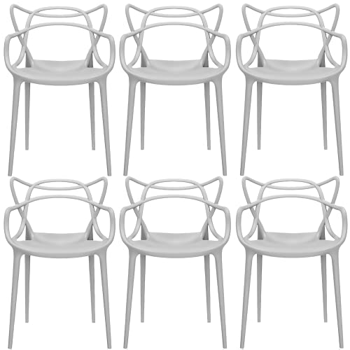 2xhome Modern Dining Chair | Stackable Indoor or Outdoor Entangled Side Chair | Weather Resistant Plastic for Kitchen, Patio, Restaurant, Yard, Porch, Balcony (Set of 6, Gray)
