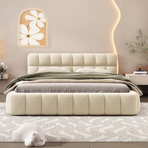 Jintop Queen Size Linen Upholstered Platform Bed Beige