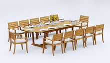 WholesaleTeak 12 Seats 13 Pcs Grade-A Teak Wood Dining Set: 118" Double Extension Mas Oval Trestle Leg Table and 12 Travota Stacking Arm Chairs #11TV2712