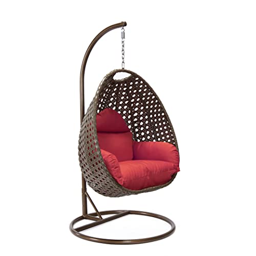 LeisureMod Wicker Rattan Hanging Egg Swing Chair with Stand & Cushion - Red Swing Chair for Indoor/Outdoor, Patio, Bedroom, Lounge Seat
