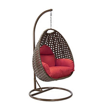 LeisureMod Wicker Rattan Hanging Egg Swing Chair with Stand & Cushion - Red Swing Chair for Indoor/Outdoor, Patio, Bedroom, Lounge Seat